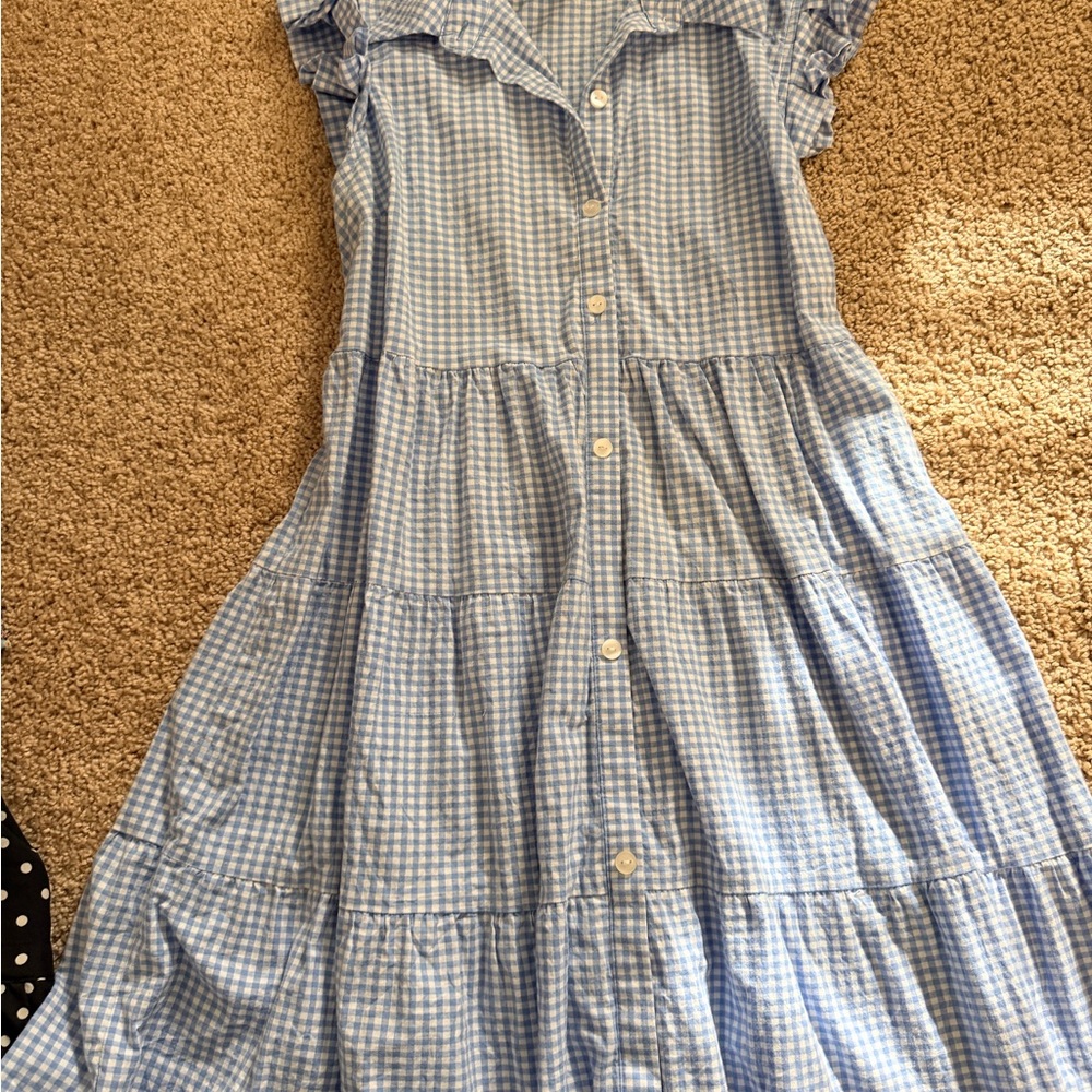 Monteau Blue Checkered button down  Dress with ruffle sleeves and collar